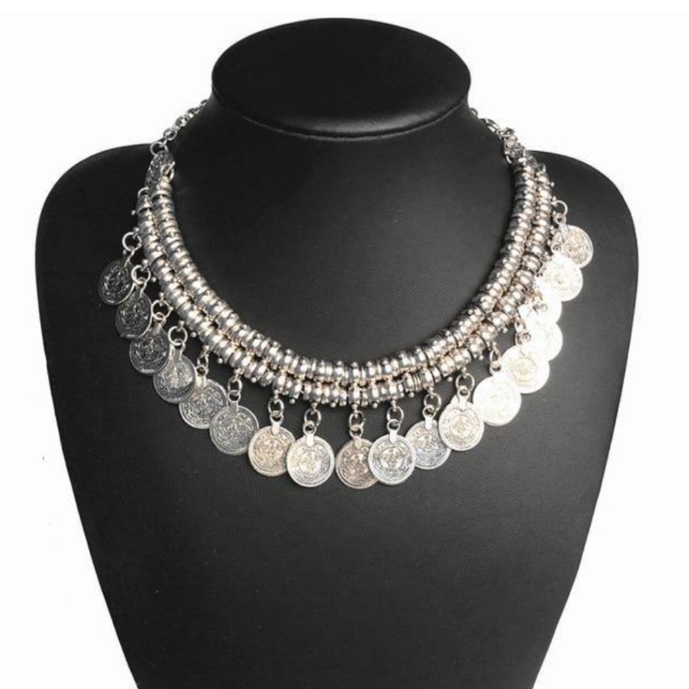 2/$18 Silver bib coin necklace